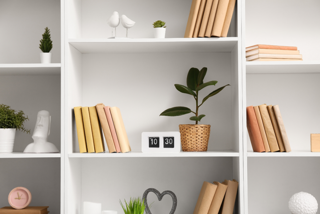 棚に植物や本を飾っている画像