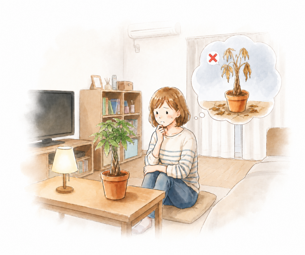女性がパキラを枯らさないか心配している画像