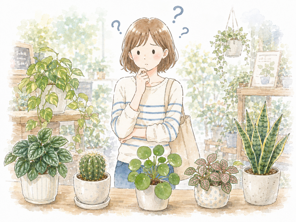 女性が観葉植物をどれにするか悩んでいる様子