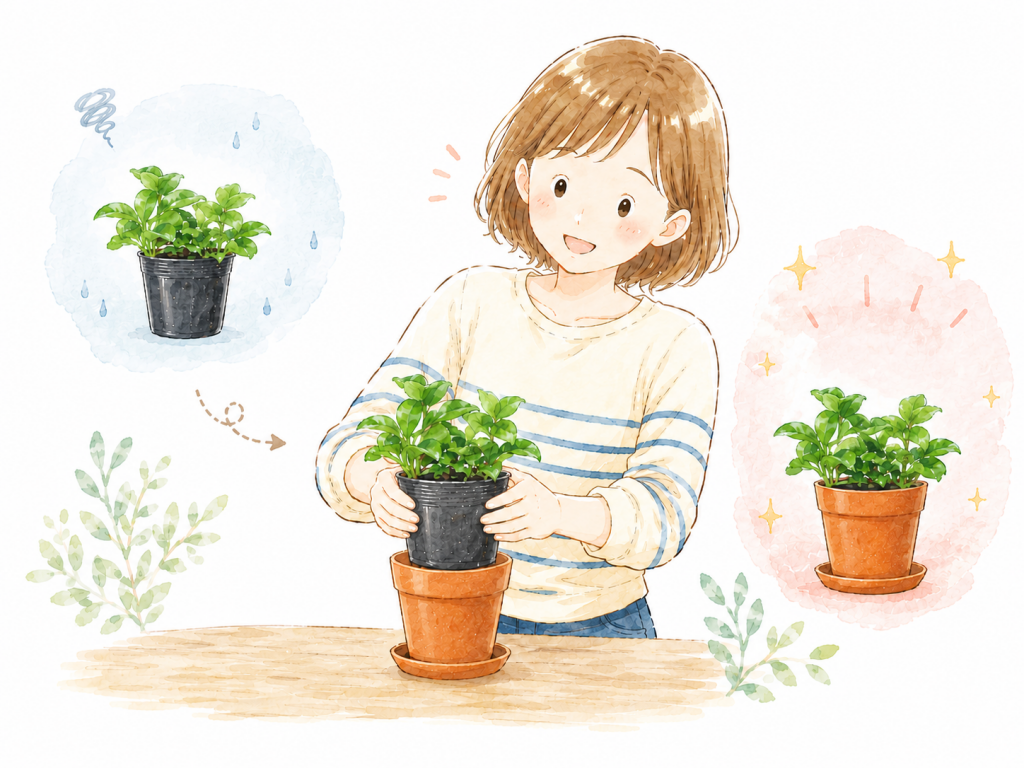 女性が植物を鉢カバーに入れている画像