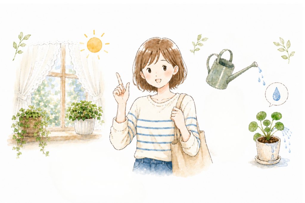 女性と観葉植物の絵
