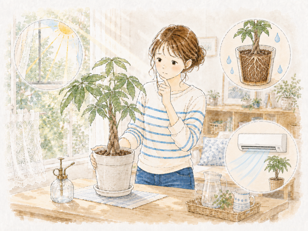 女性がパキラを触っている画像