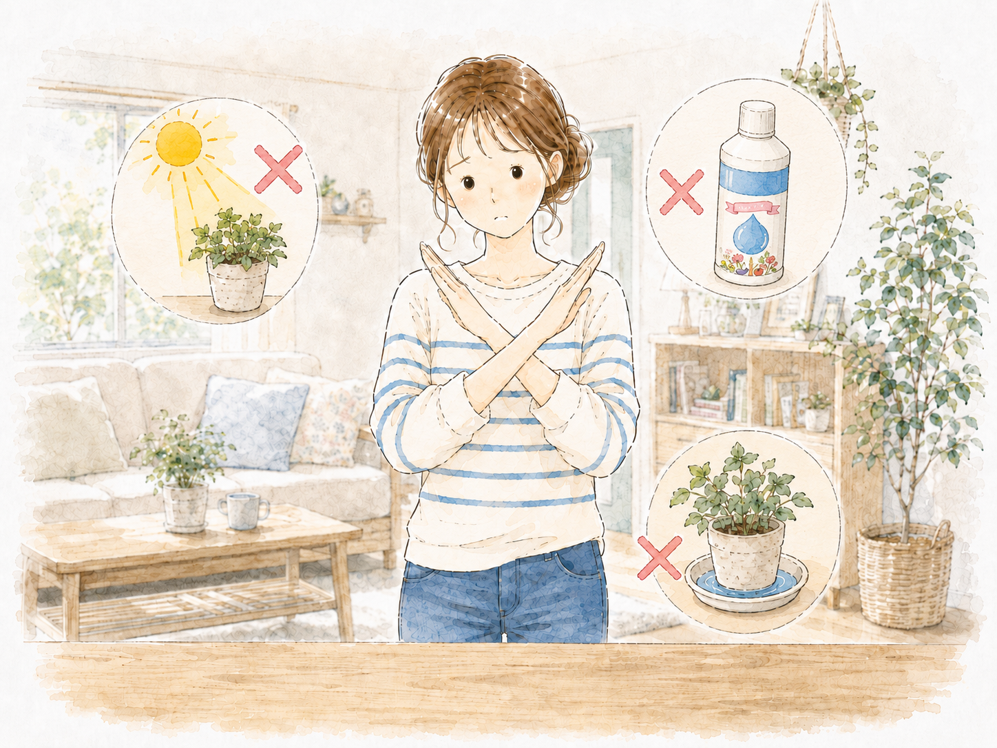 観葉植物のNGな管理方法を示している画像
