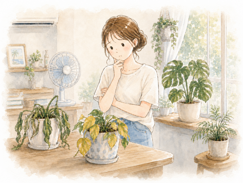 女性が観葉植物が枯れたことに悩んでいる