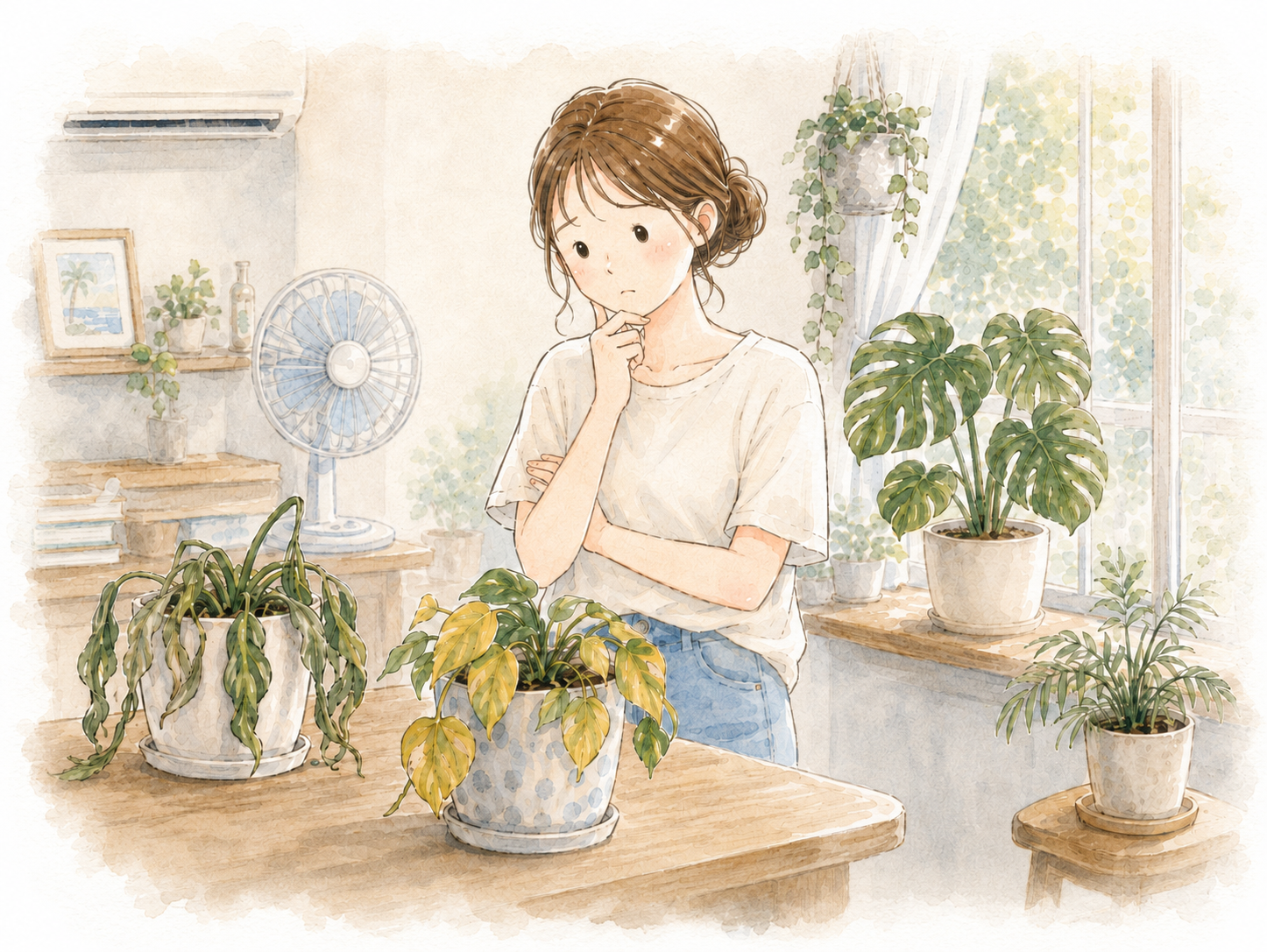 女性が観葉植物の状態に悩んでいる画像