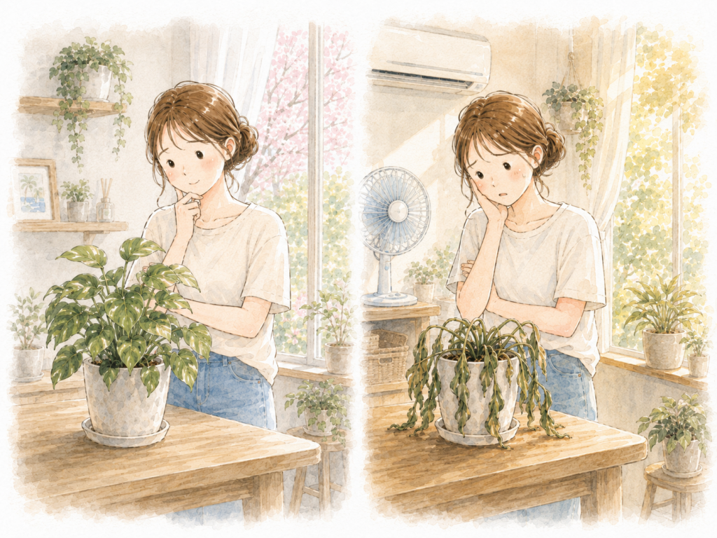女性が枯れた植物を前に悩んでいる