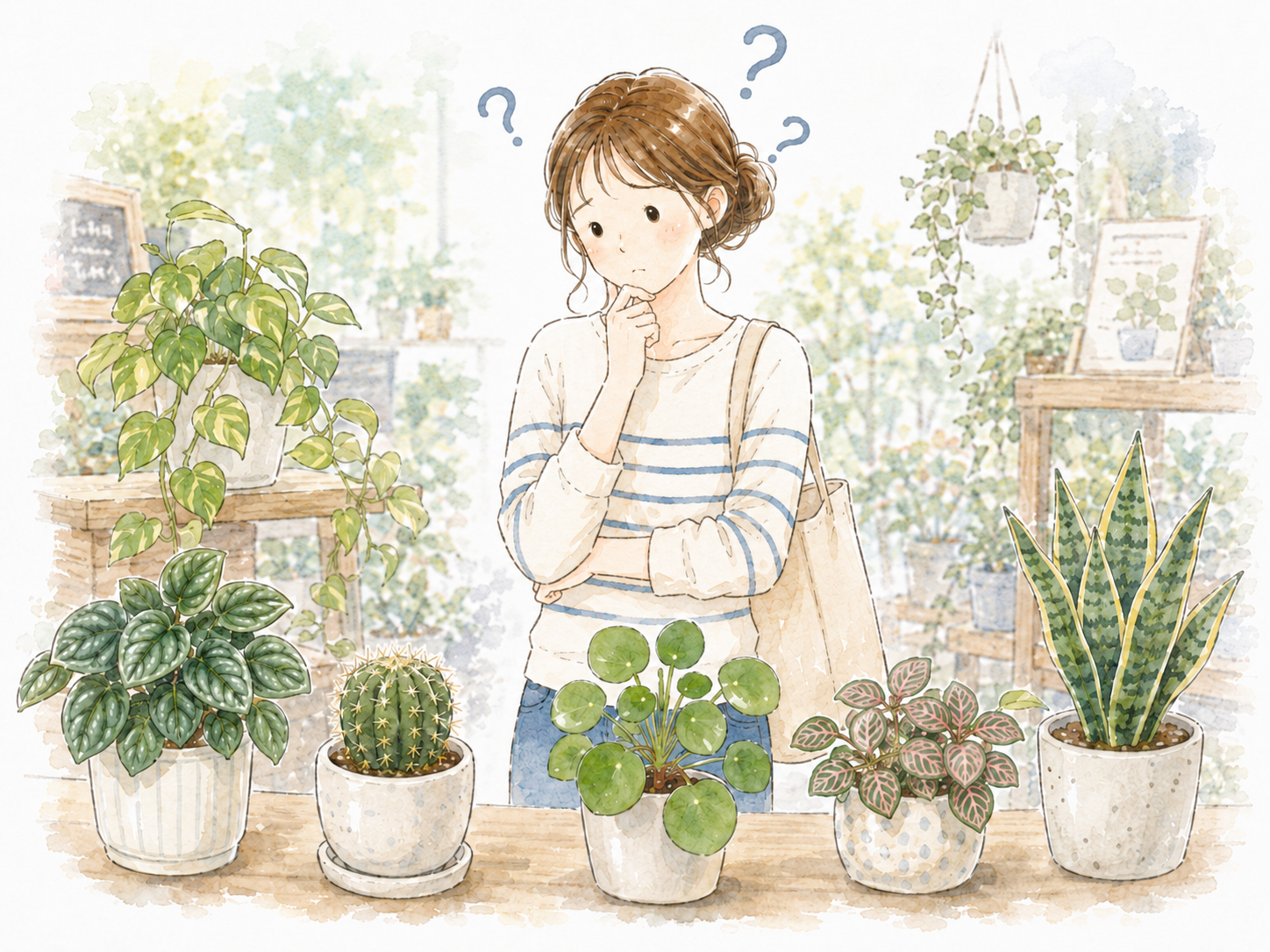 観葉植物を前に悩んでいる女性の画像