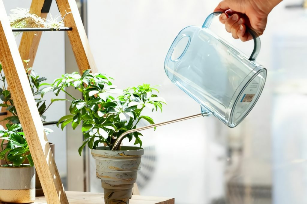 観葉植物に水差しで水やりをしている様子の画像