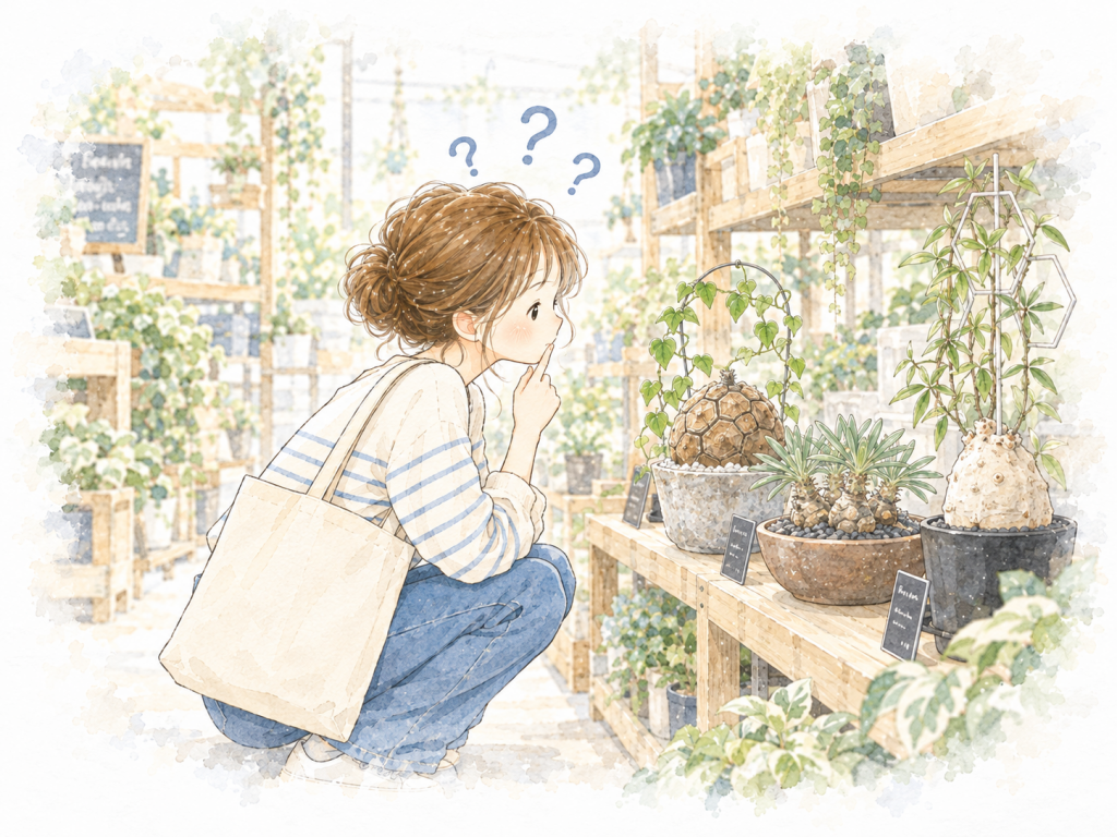 女性がどの塊根植物にしようか悩んでいる様子の画像