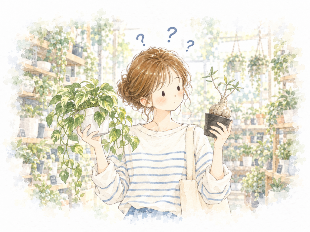 女性が観葉植物と塊根植物を手に取り悩んでいる画像